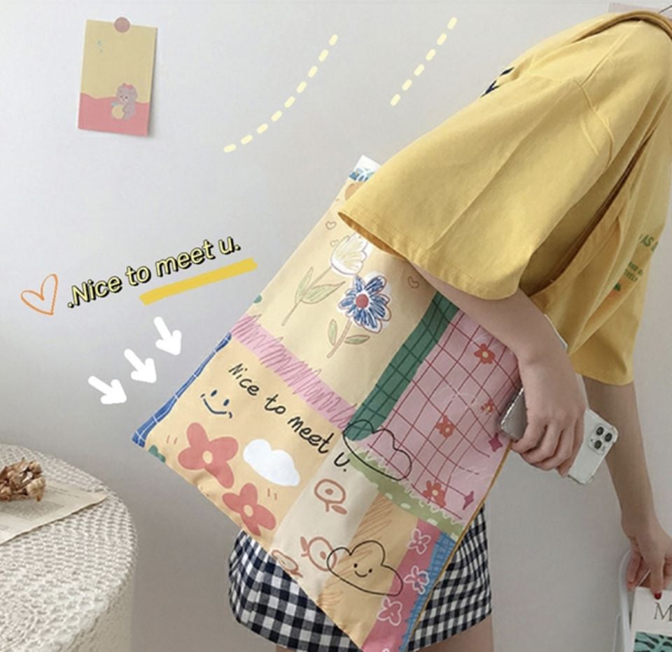 'Nice to meet u' Mottolu Kanvas Çanta