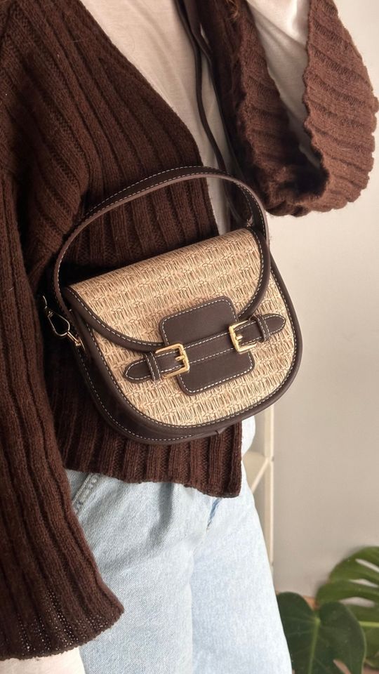 Monet Hasır Desen Çift Askılı Çanta Acı Kahve