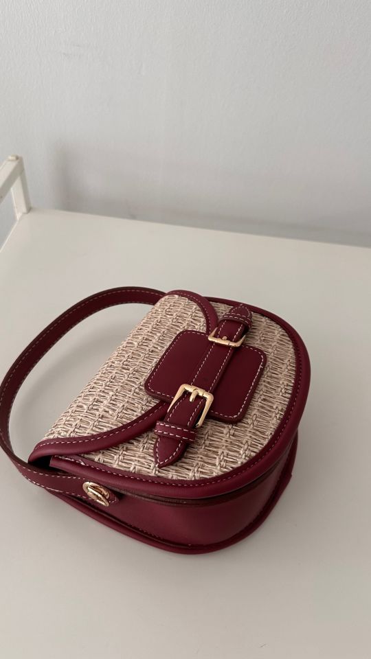 Monet Hasır Desen Çift Askılı Çanta Bordo