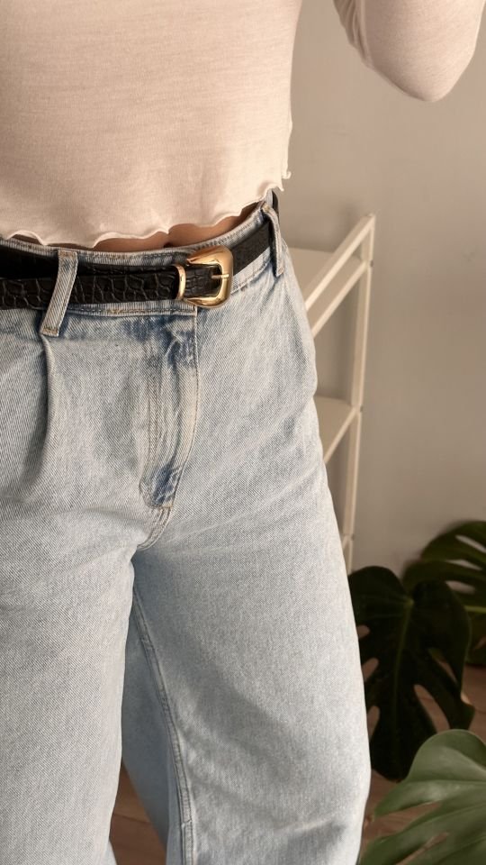 Clam Gold Tokalı Kroko Desen Kemer Siyah