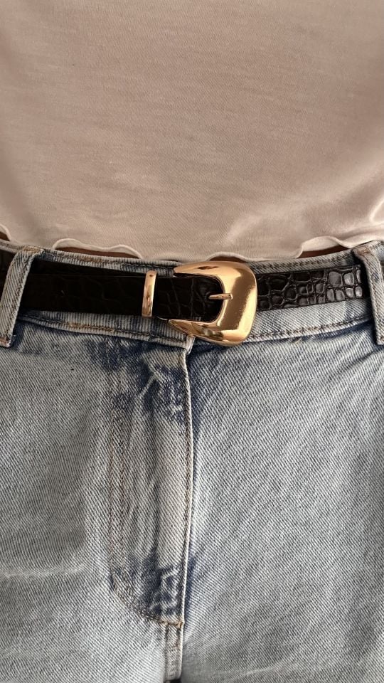 Clam Gold Tokalı Kroko Desen Kemer Siyah