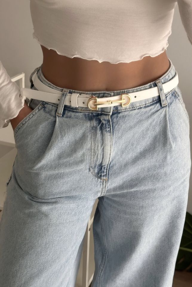 Mas Uzun Çift Gold Tokalı Kemer Beyaz