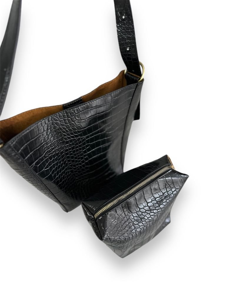 Fluffy Çift Kullanımlı Omuz Çantası Kroko Siyah