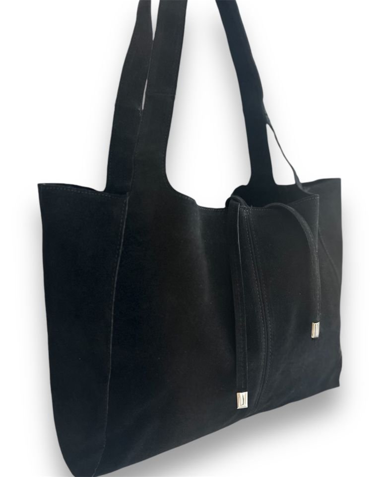 Veneta Yumuşak Süet El ve Omuz Çantası Siyah