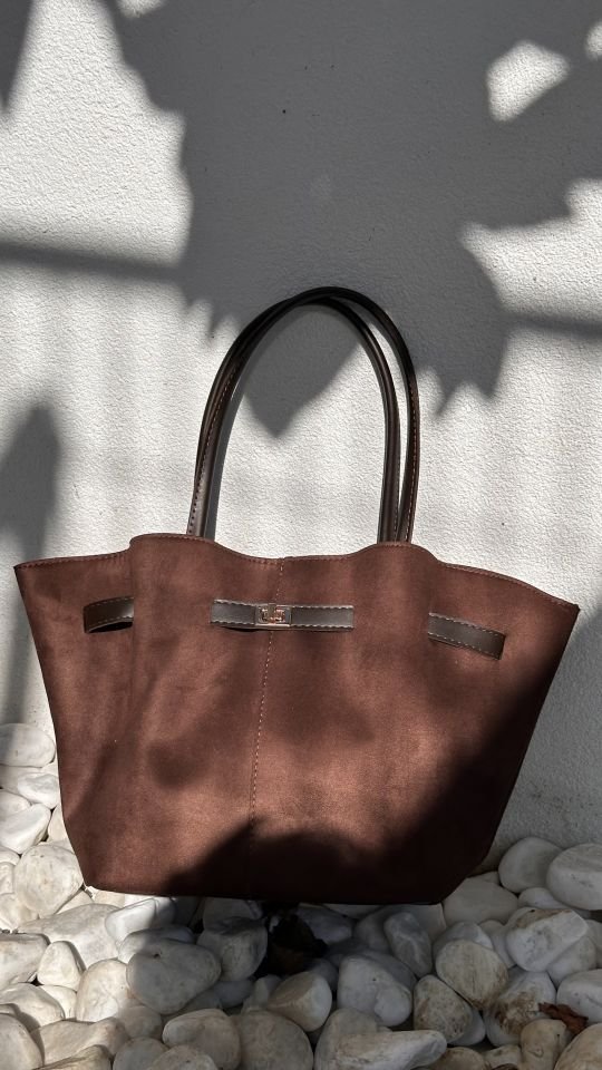 Soone Süet Büzgülü Kemer Detay Omuz ve Çapraz Askılı Çanta Acı Kahve