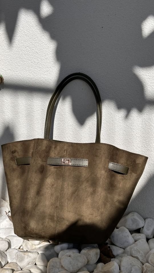 Soone Süet Büzgülü Kemer Detay Omuz ve Çapraz Askılı Çanta Haki