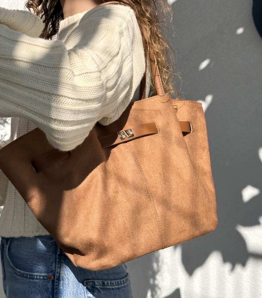 Soone Süet Büzgülü Kemer Detay Omuz ve Çapraz Askılı Çanta Taba