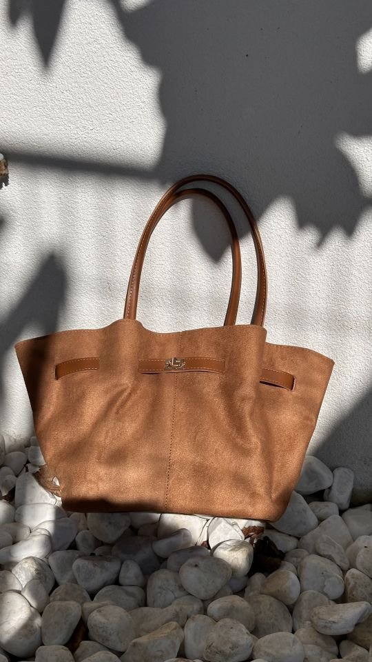 Soone Süet Büzgülü Kemer Detay Omuz ve Çapraz Askılı Çanta Taba