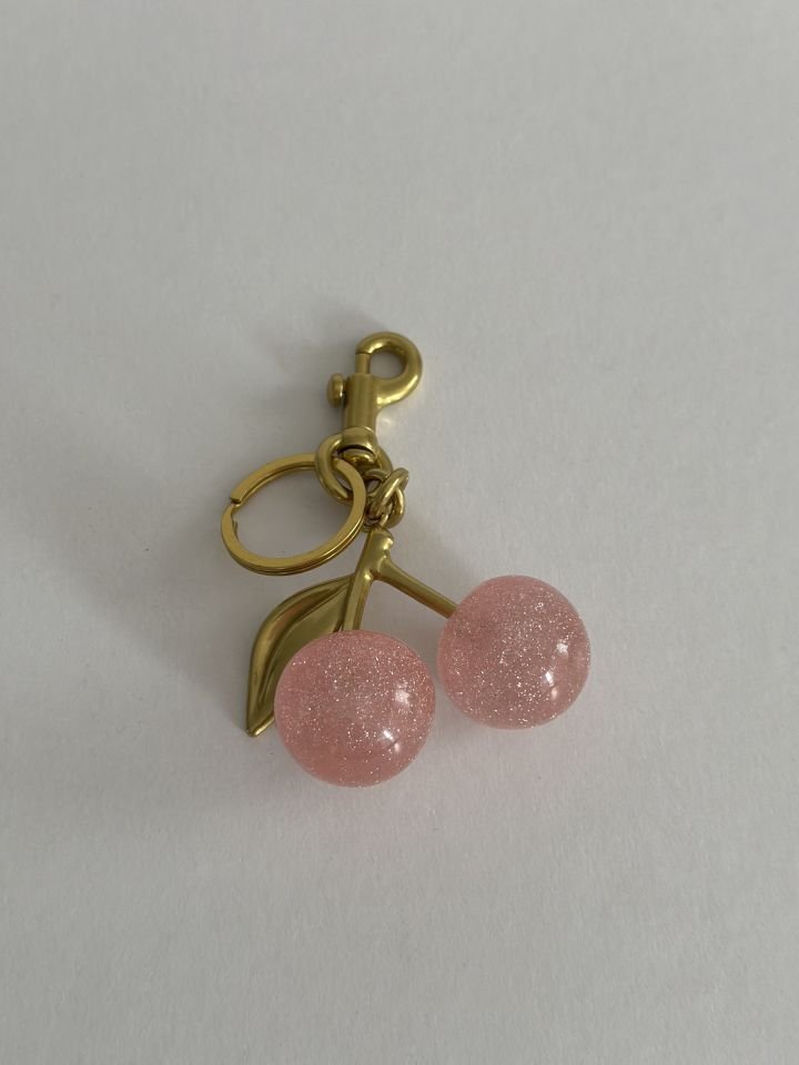Kiraz Charm Anahtarlık Simli Pembe