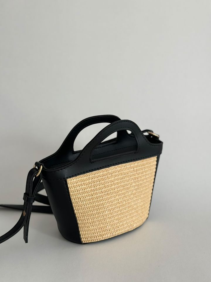 Duffle Hasır Detaylı Mini El ve Omuz Çantası Siyah