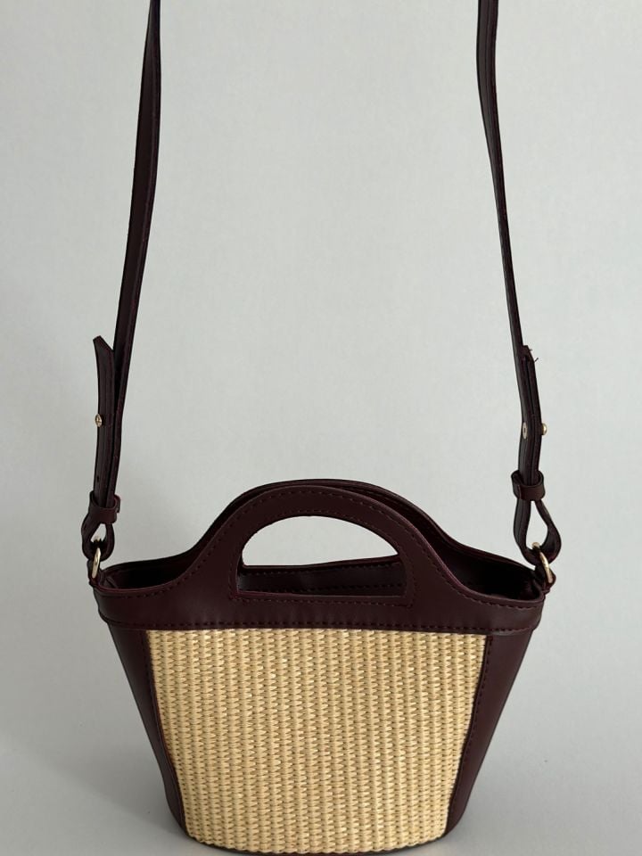 Duffle Hasır Detaylı Mini El ve Omuz Çantası Bordo