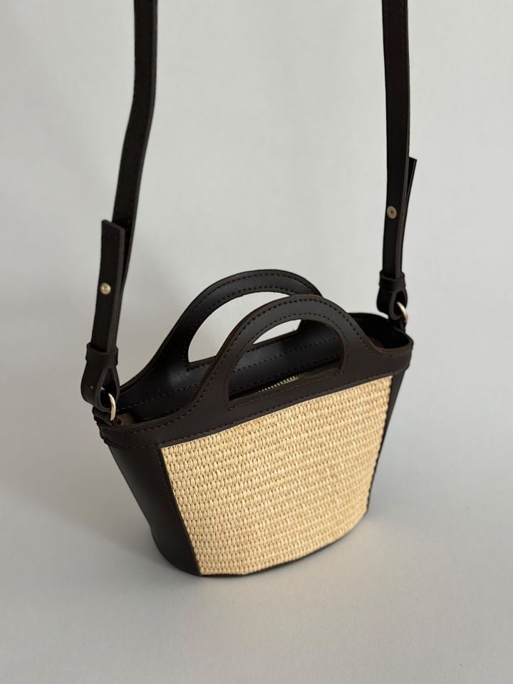 Duffle Hasır Detaylı Mini El ve Omuz Çantası Acı Kahve