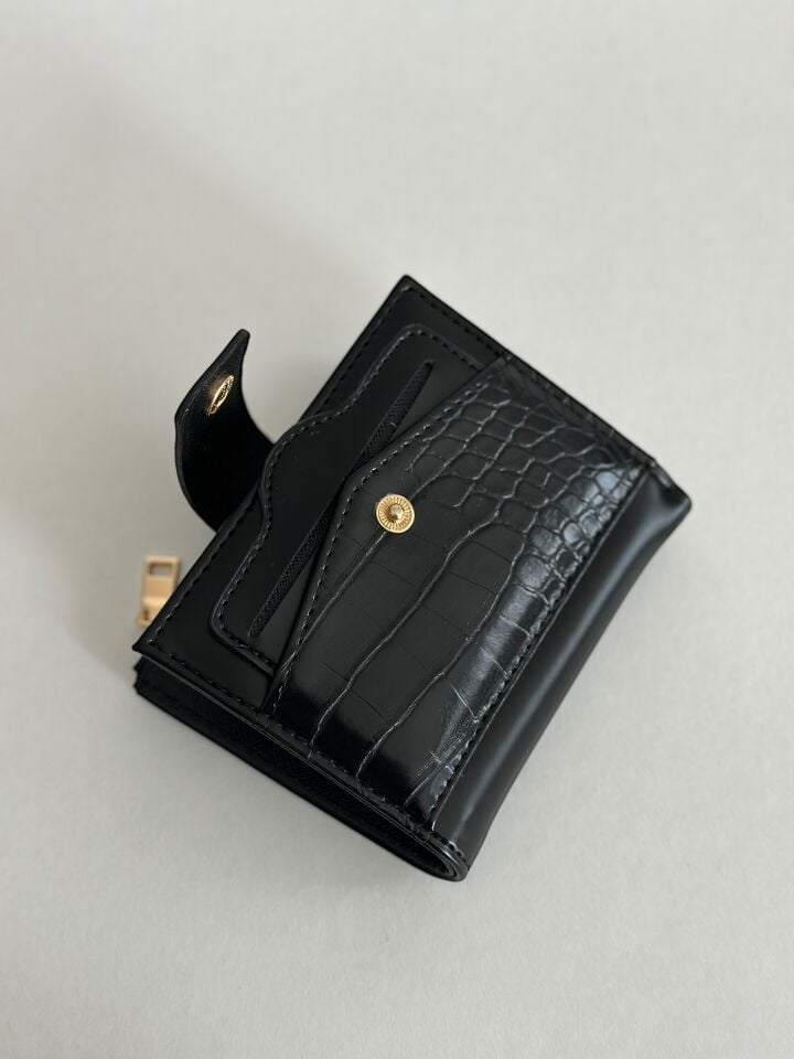 Winnie Kroko Dokulu Kartlık Bölmeli Kadın Cüzdan Siyah