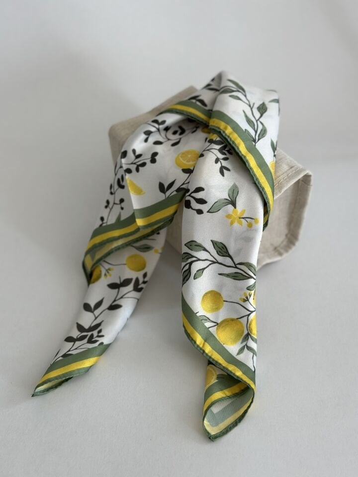Limon Desenli Yeşil Çizgili Fular