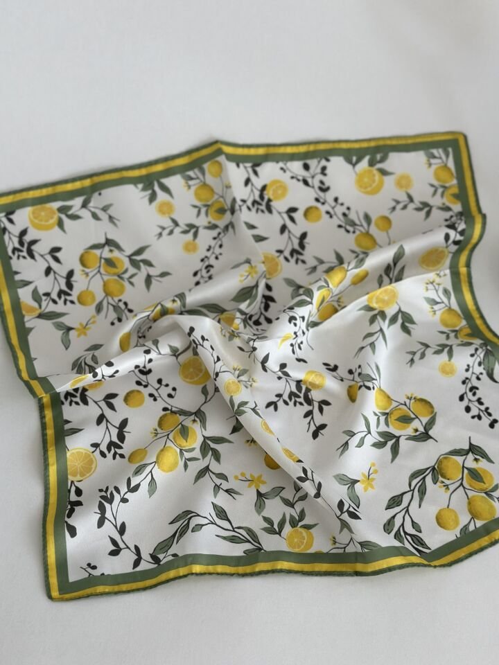 Limon Desenli Yeşil Çizgili Fular