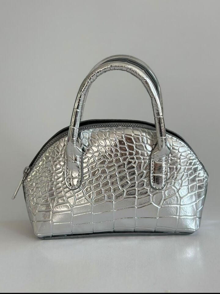 Noir Metalik Gümüş – Krokodil Desenli Omuz ve El Çantası