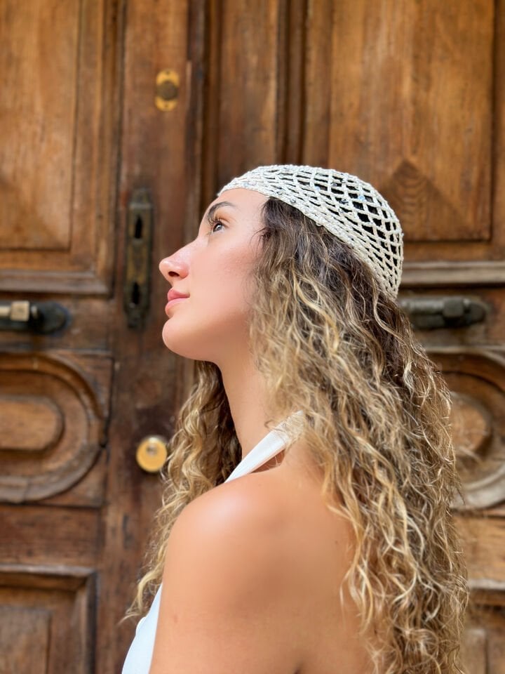 Beyaz Pullu Örgü Kroşe Saç Filesi Bohem Bandana