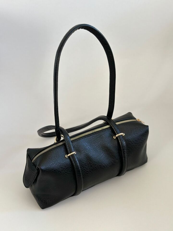 Aura Silindir Çift Saplı Omuz Çantası Siyah