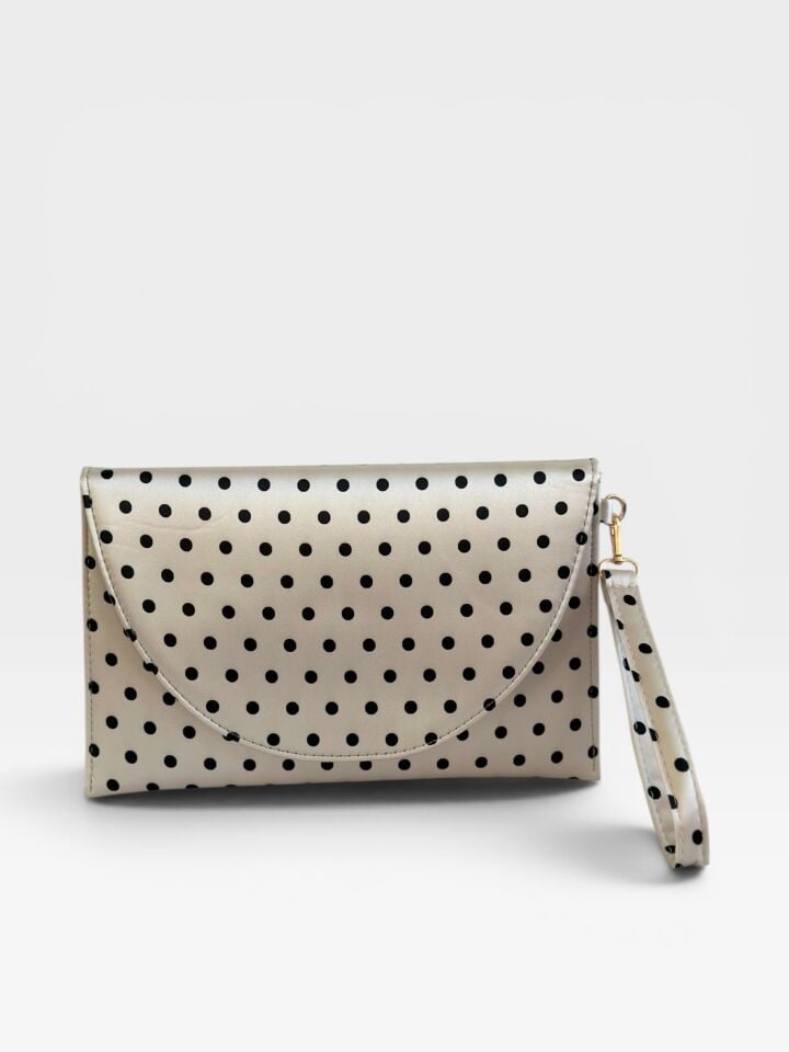 Luna Saten Puantiyeli Clutch El Çantası Bileklik Askılı Portföy Çanta Krem