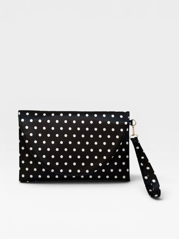 Luna Saten Puantiyeli Clutch El Çantası Bileklik Askılı Portföy Çanta Siyah