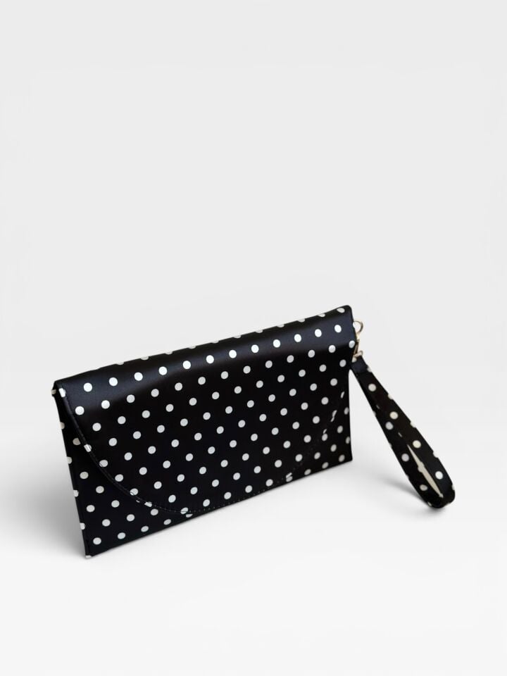 Luna Saten Puantiyeli Clutch El Çantası Bileklik Askılı Portföy Çanta Siyah